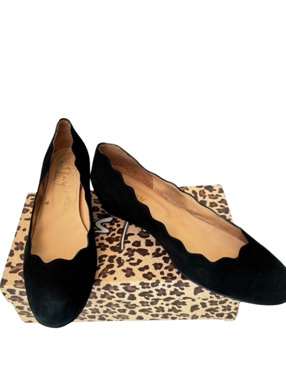 FRENCH SOLE Maya Black Suede Scalloped Wedge Heel 2” with Box Size 10.5